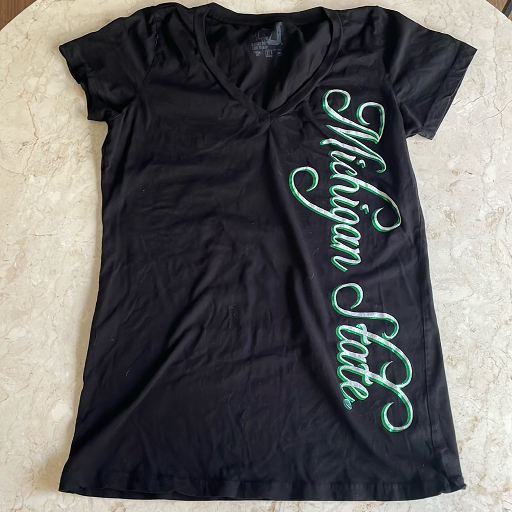 Michigan State University black green V neck T shirt girls XL